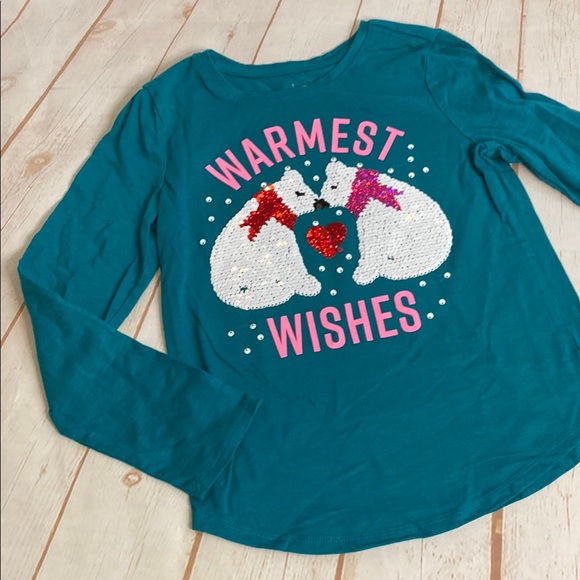 Cat & Jack Tea Long Sleeve Shirt with Warmest Wishes and Bears—Flip Sequins - Picture 2 of 4